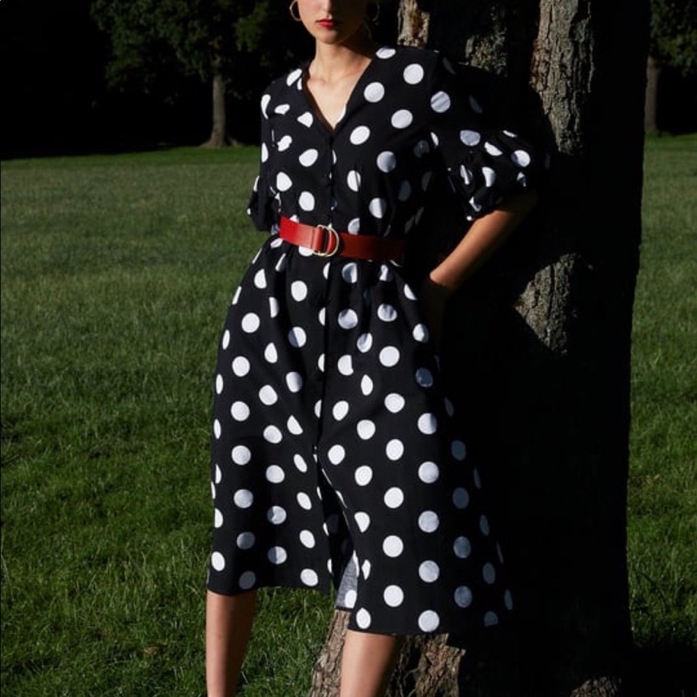 Zara Black and White Polka Dot Midi Dress with Red Belt